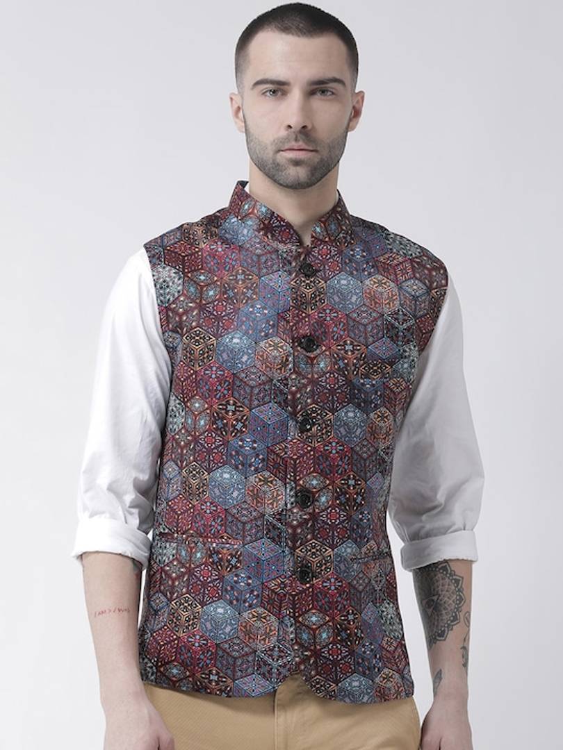 Men's Multicoloured 
Polyester
 Printed Nehru Jackets